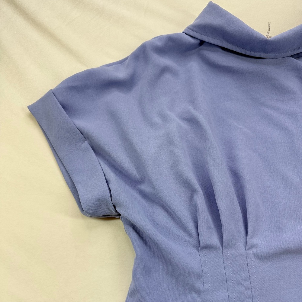 Entro Periwinkle Blue Button Down Pintuck Waist Mini Shirt Dress Short Sleeve L - Picture 4 of 16